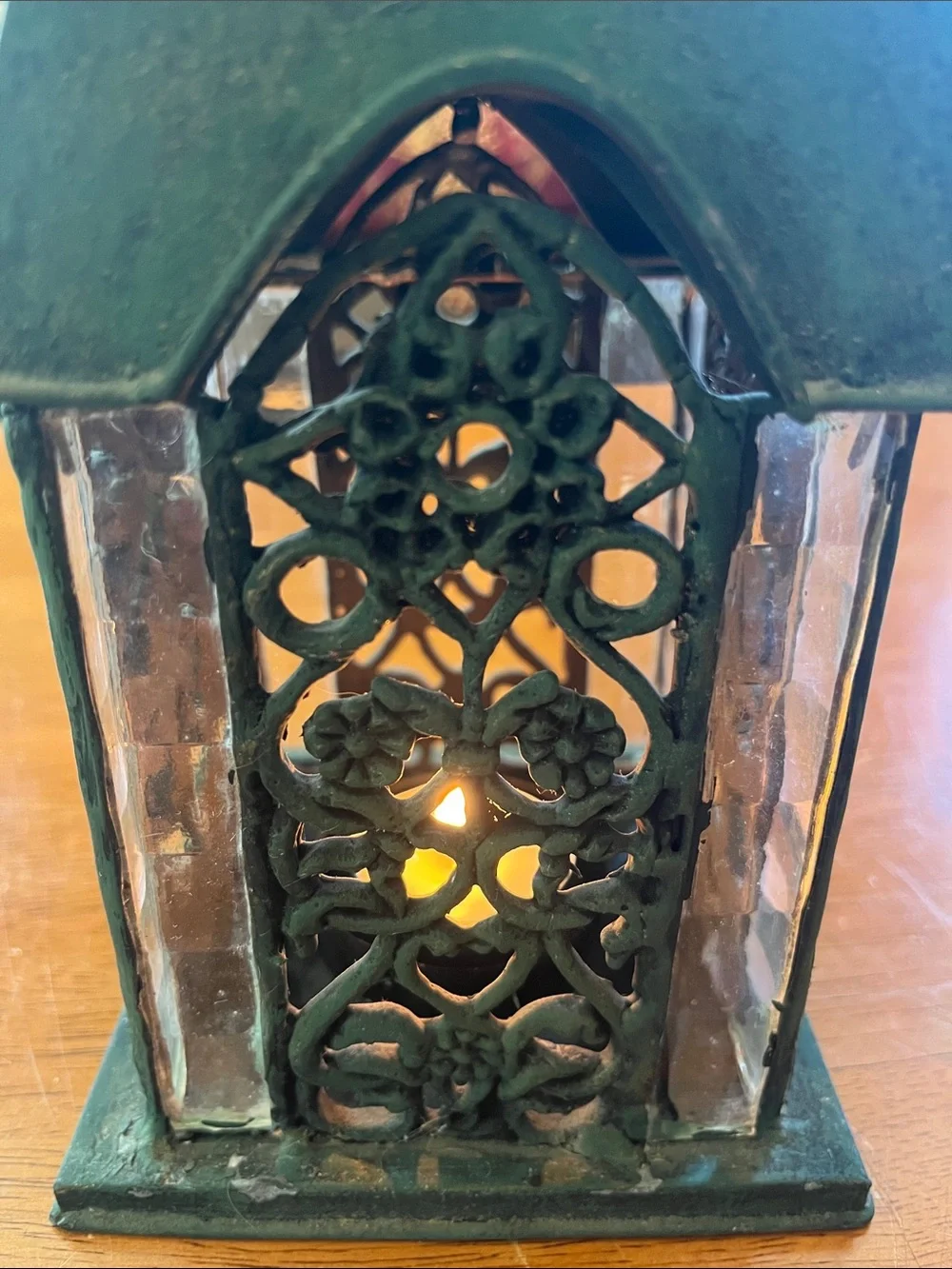 Green Decorative Metal and Glass Cathedral style tea light Lantern